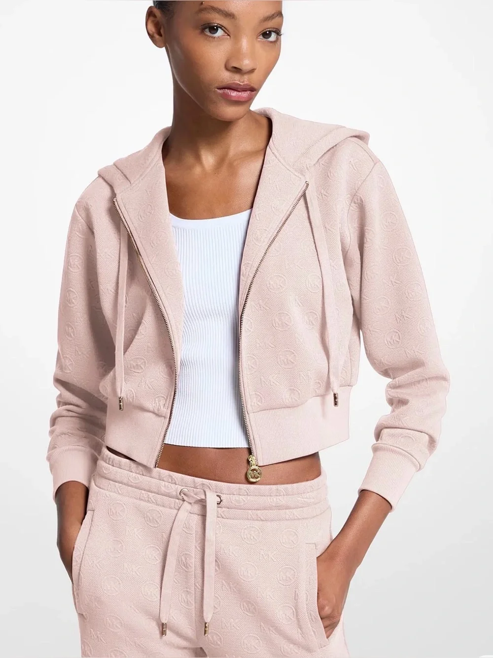 Michael Kors Women's Blush Pink Monogram Zip Hoodie XL